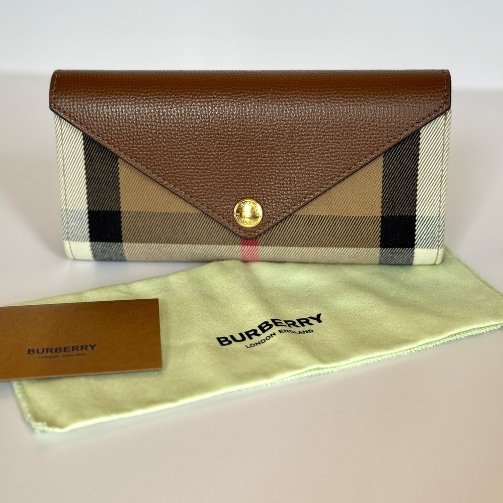 Burberry Classic Check Leather Envelope Continental Wallet Tan Beige Gold Snap - Picture 2 of 9